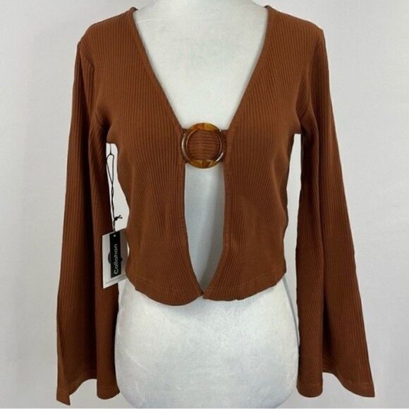 Anthropologie Callahan Open Front Ring Bell Sleeve Ribbed Vera Top Coco Mocha M - Picture 5 of 16